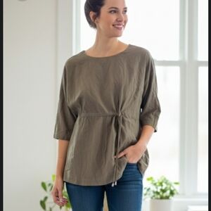 Kal Rieman Cinch Blouse Tunic Top Olive Green Tie Waist Dolman 3/4 Sleeve XS